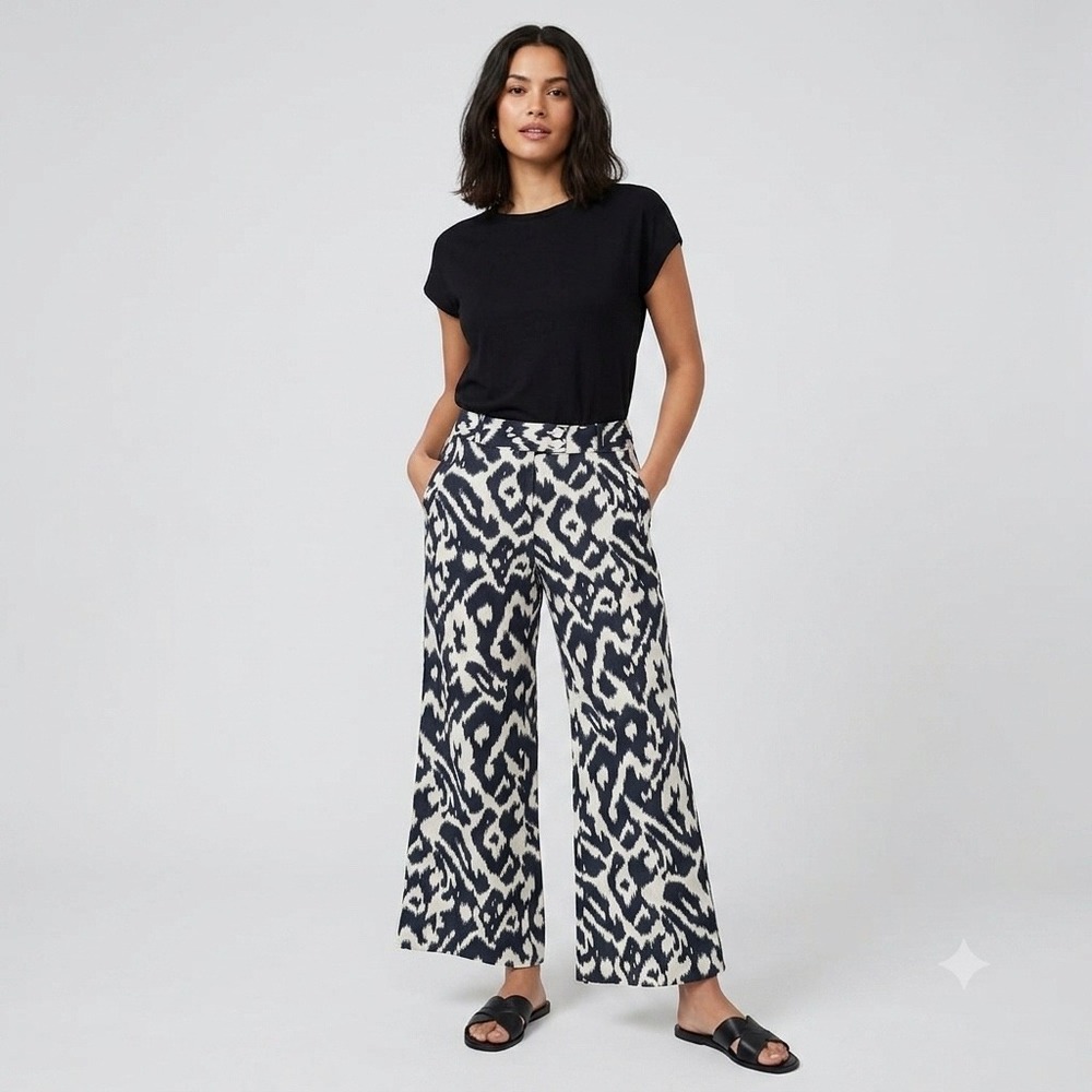 Ann Taylor LOFT Marisa Linen Wide Leg Pants Black White Ikat Print Size 8